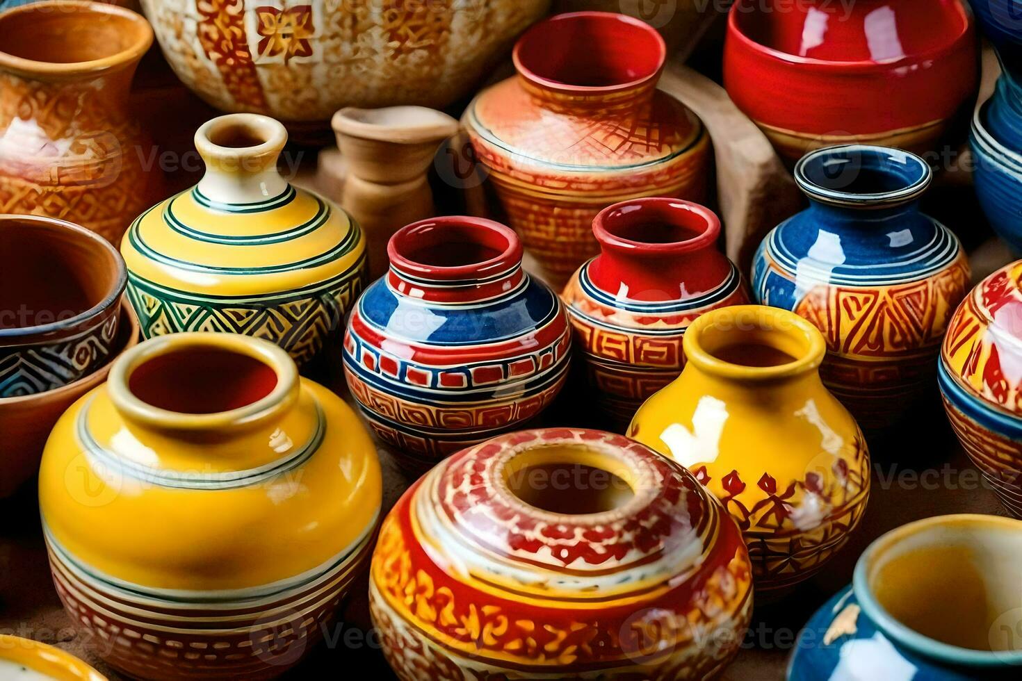 many colorful vases are displayed on a table. AI-Generated photo