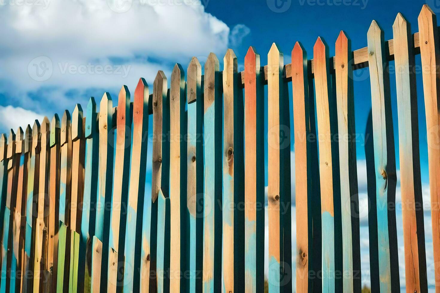 a colorful fence with a blue sky in the background. AI-Generated photo