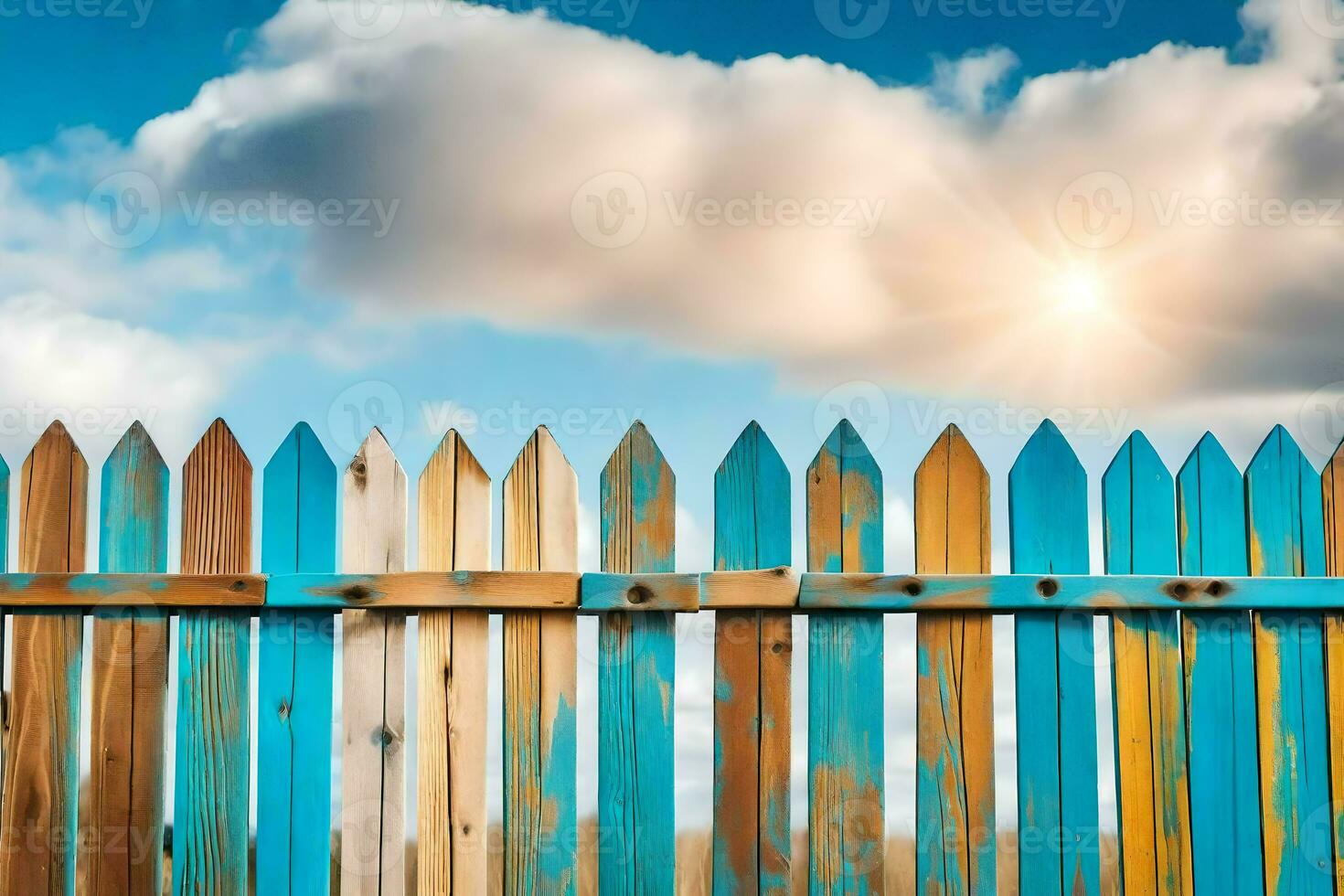 a wooden fence with blue and yellow paint on it. AI-Generated photo