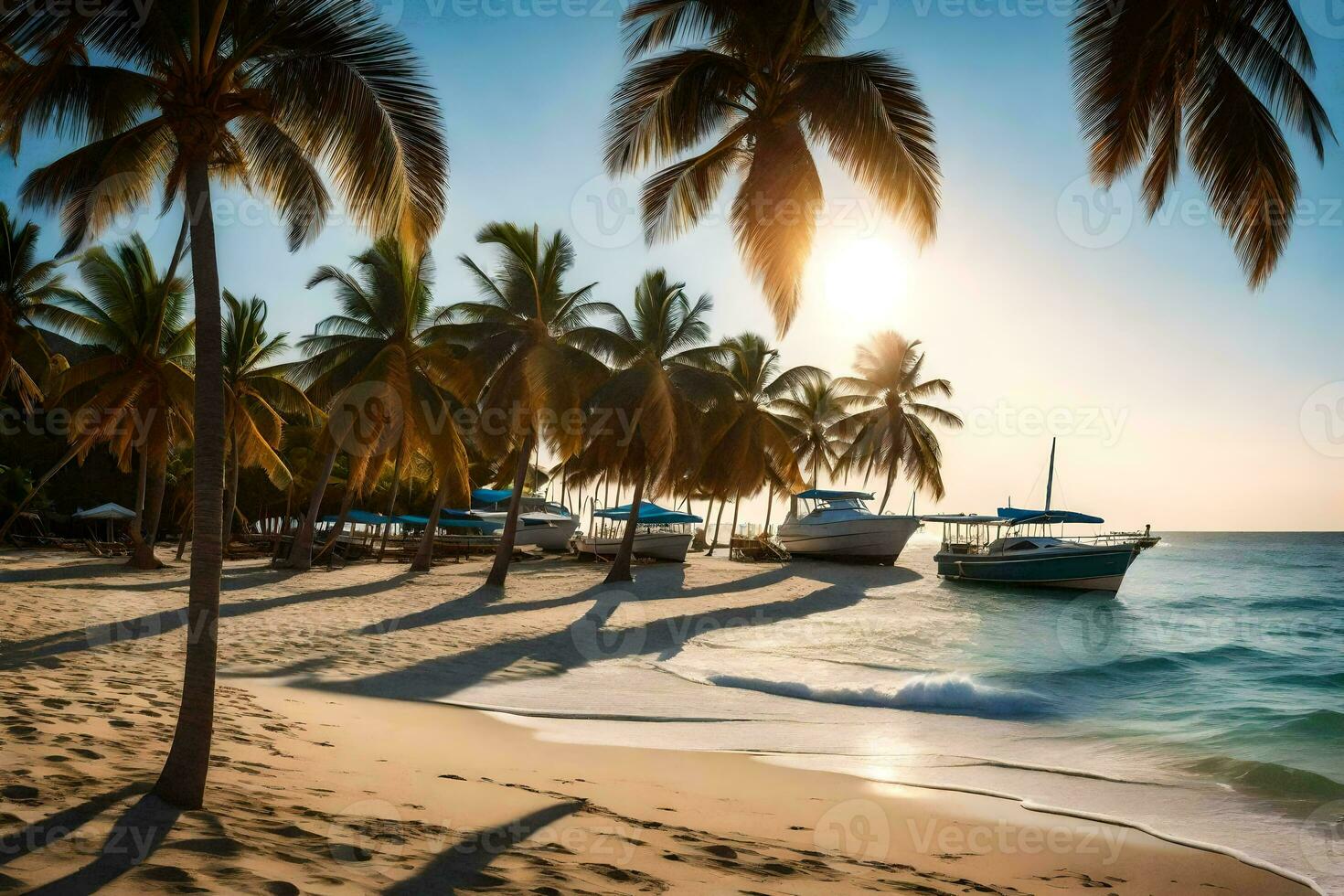 a beach with palm trees and boats on the shore. AI-Generated photo