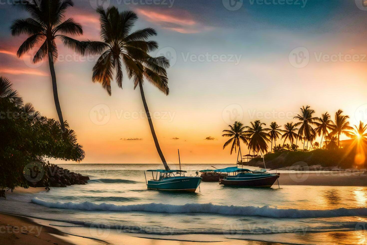 the sun sets on the beach in dominica. AI-Generated photo