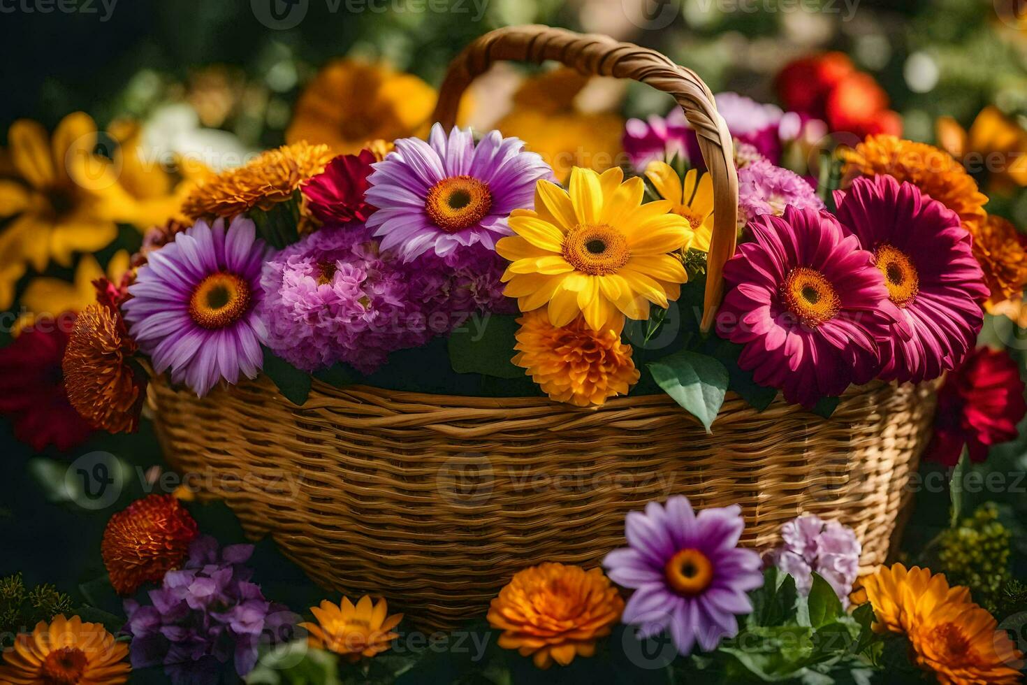 colorful flowers in a basket on the ground. AI-Generated photo