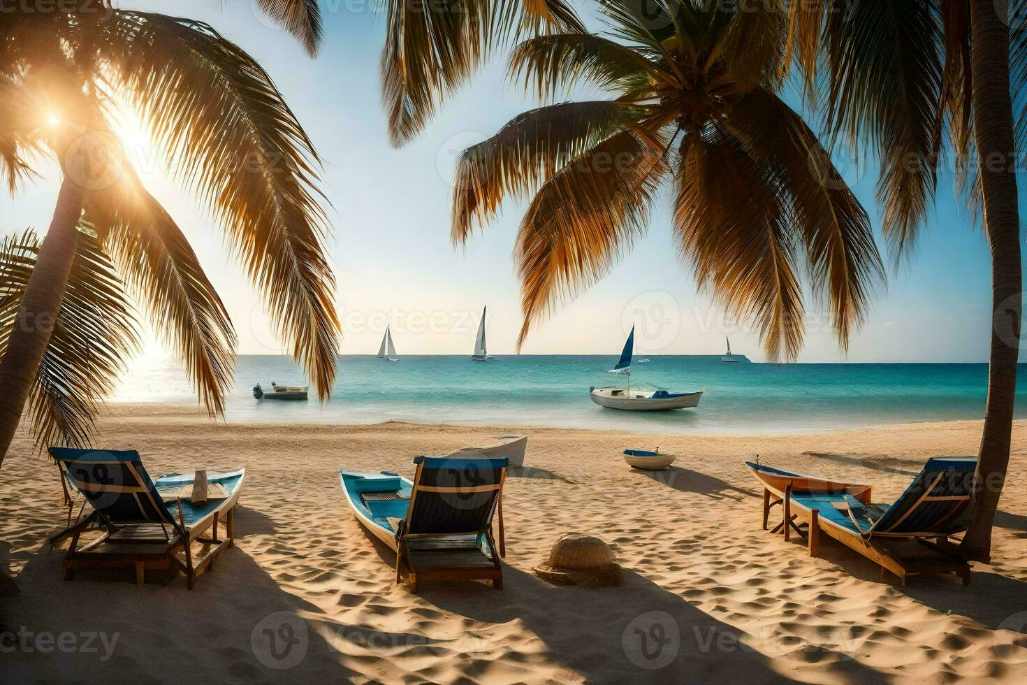 beach chairs and palm trees on the beach. AI-Generated photo