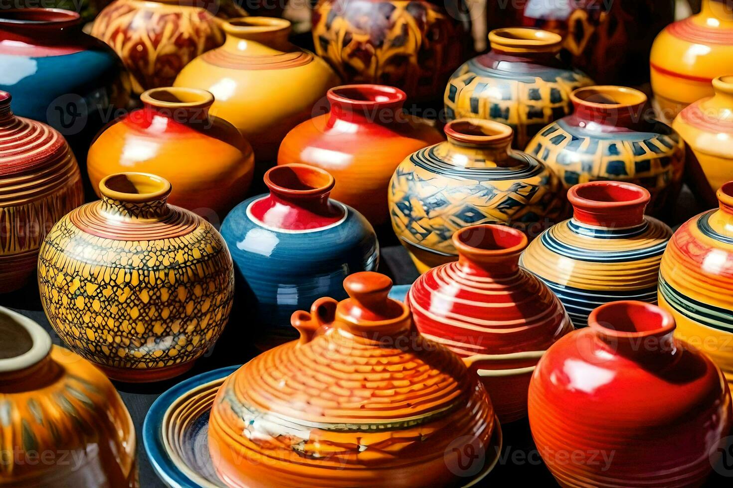 many colorful pottery vases are displayed on a table. AI-Generated photo