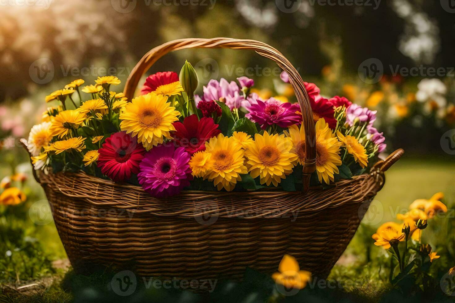 a basket full of colorful flowers on a grassy field. AI-Generated photo