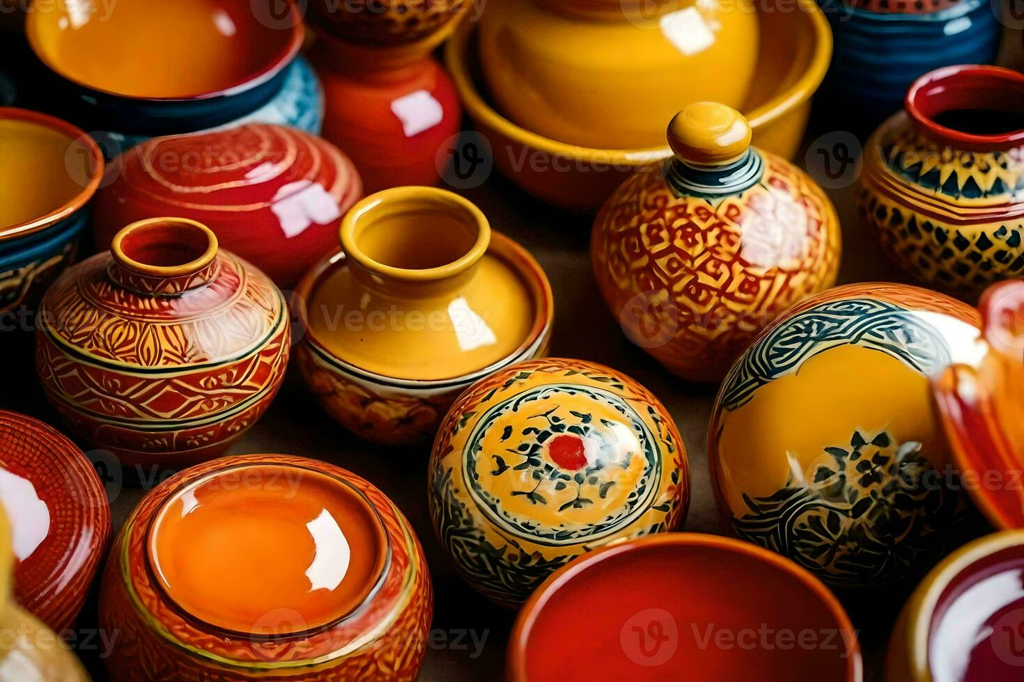 many colorful ceramic pots and vases are arranged together. AI-Generated photo