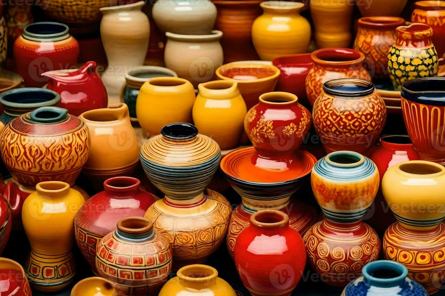 many colorful pottery vases are displayed in a display. AI-Generated photo