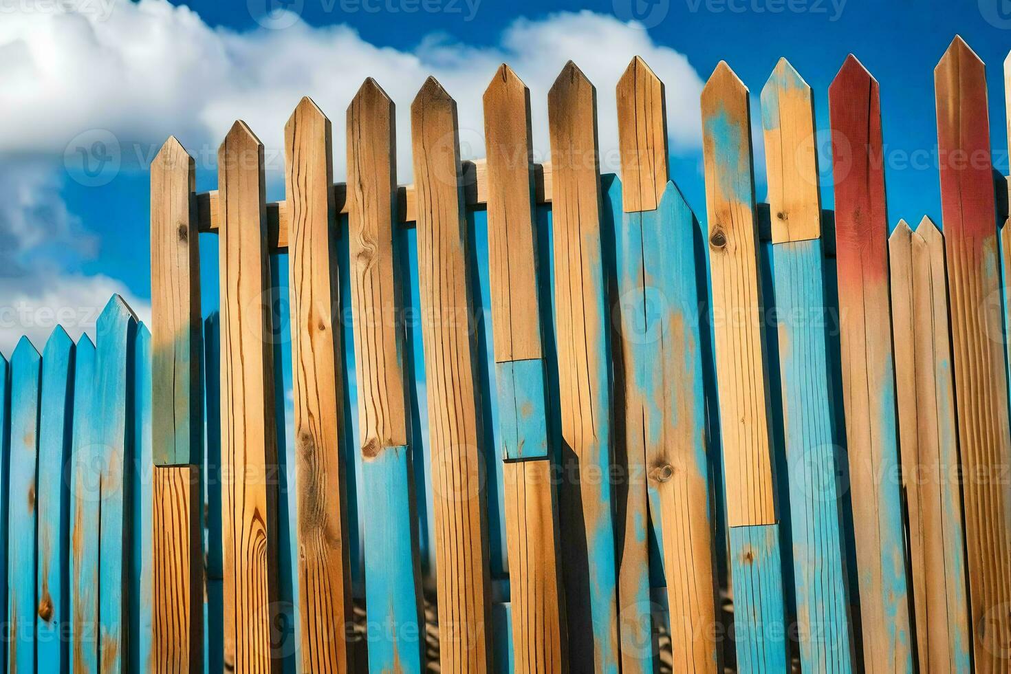a wooden fence with blue sky and clouds. AI-Generated photo