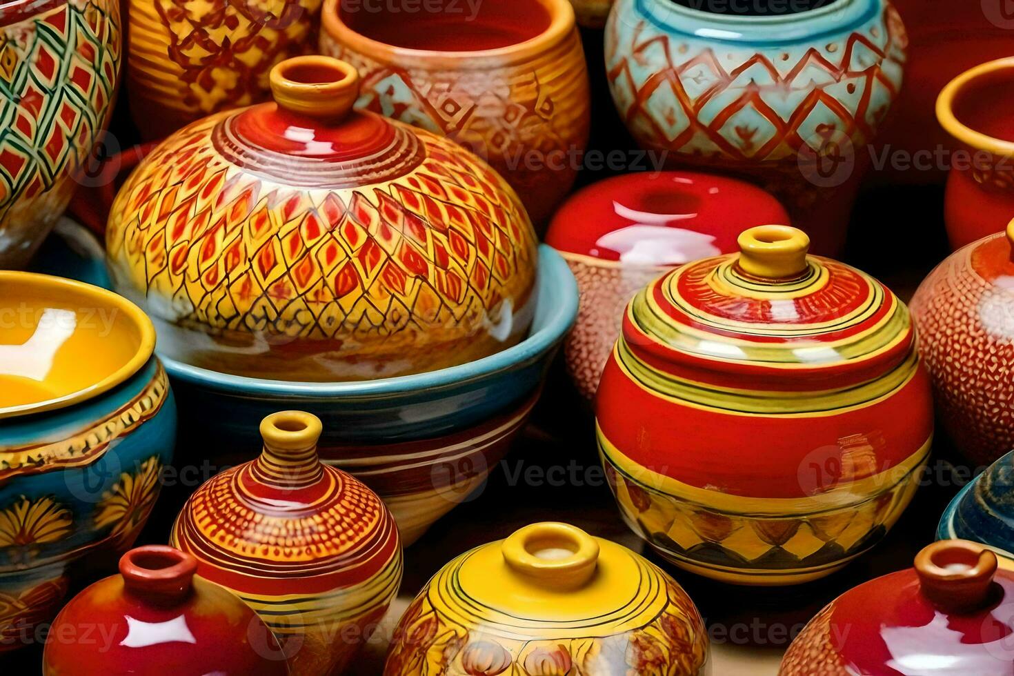 many colorful pottery vases are displayed in a display. AI-Generated photo