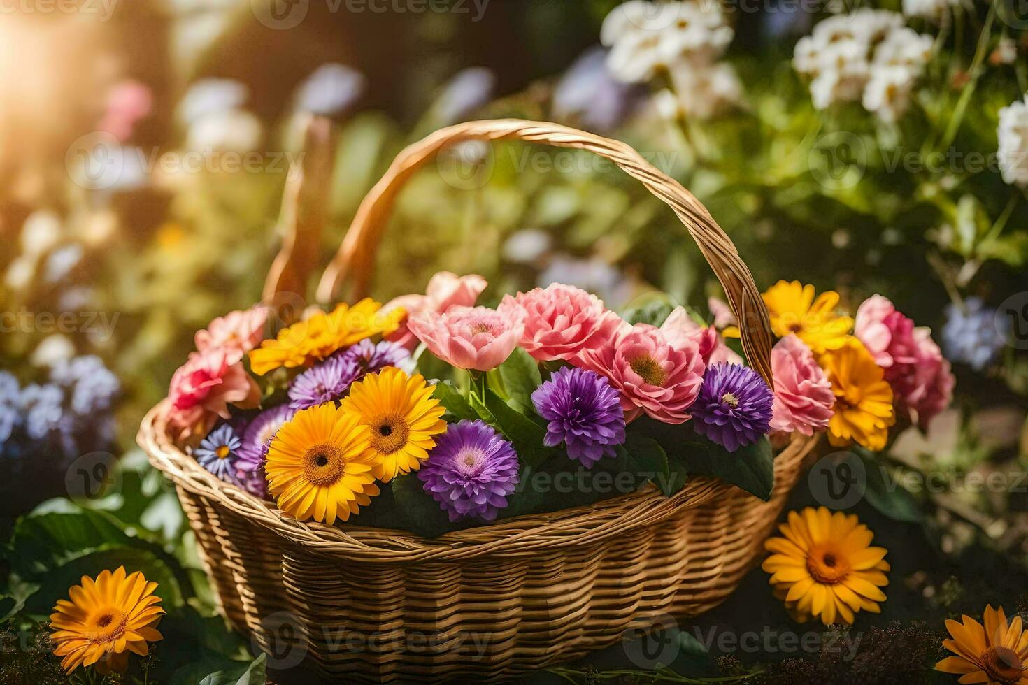 cesta de flores en el jardín. generado por ai foto