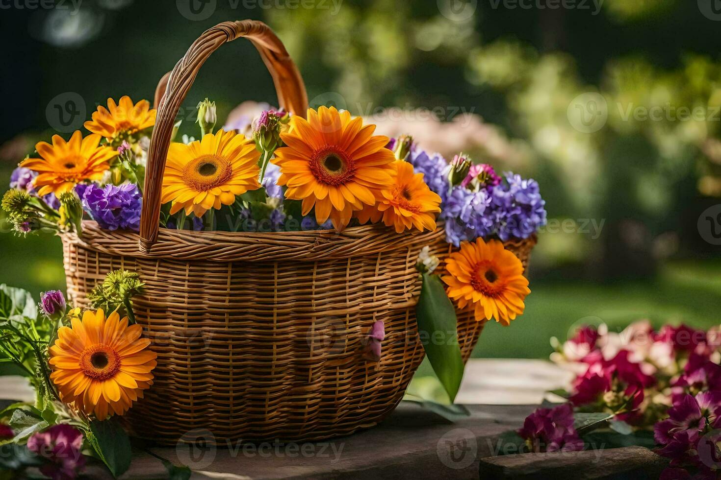 a basket with flowers on a wooden table. AI-Generated photo