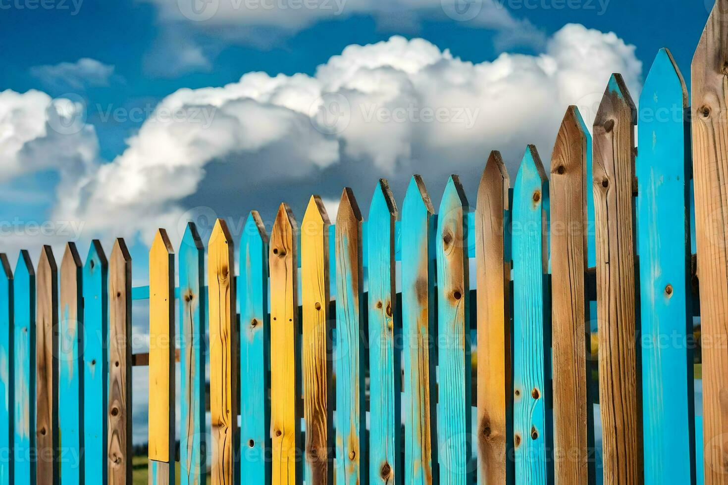 colorful wooden fence with blue sky and clouds. AI-Generated photo