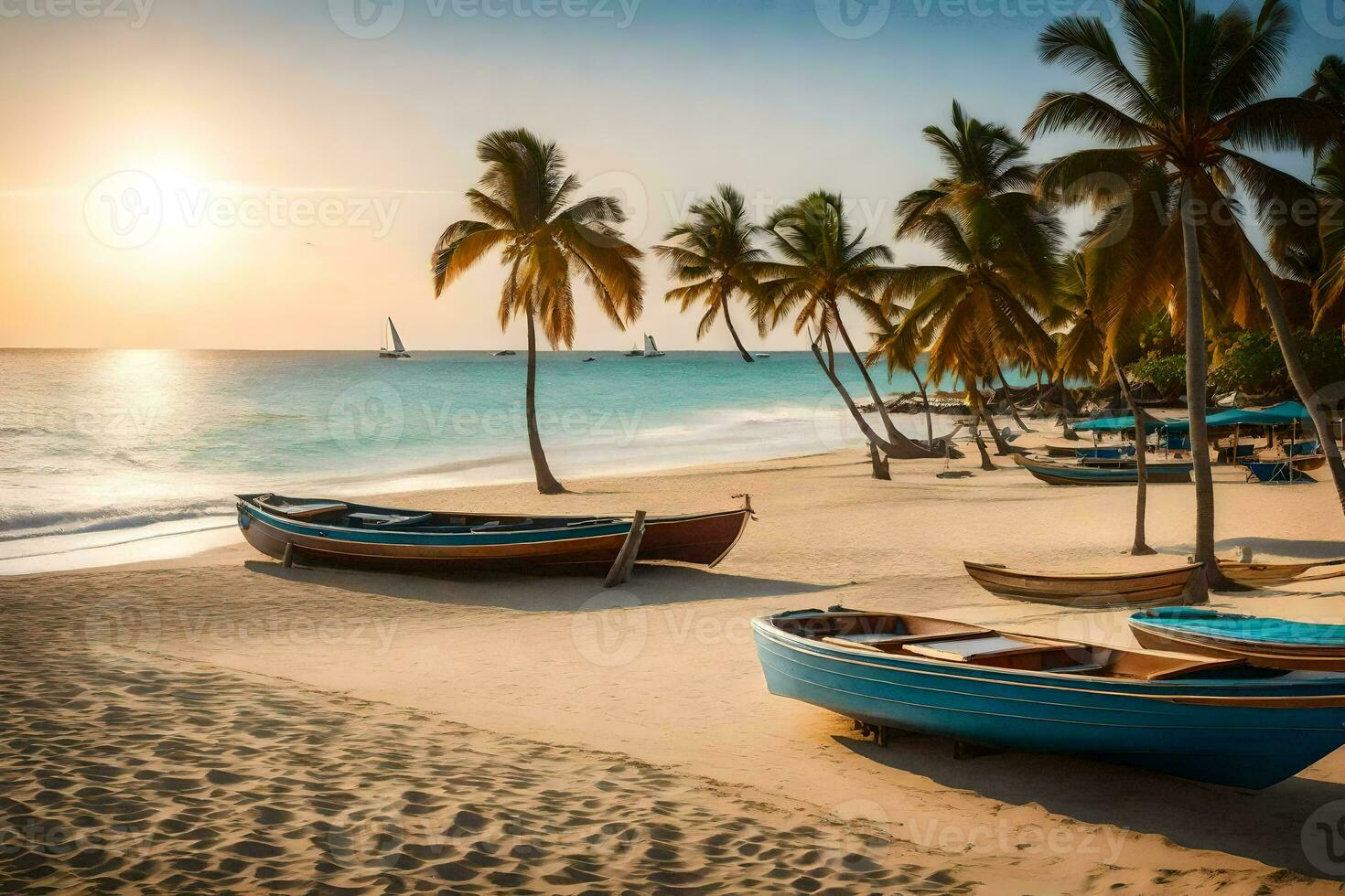 barcos en el playa a puesta de sol. generado por ai foto