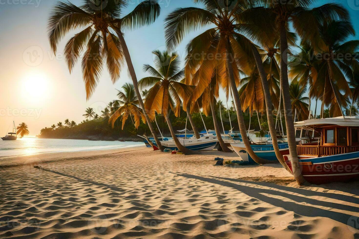 a beach with palm trees and boats on the sand. AI-Generated photo