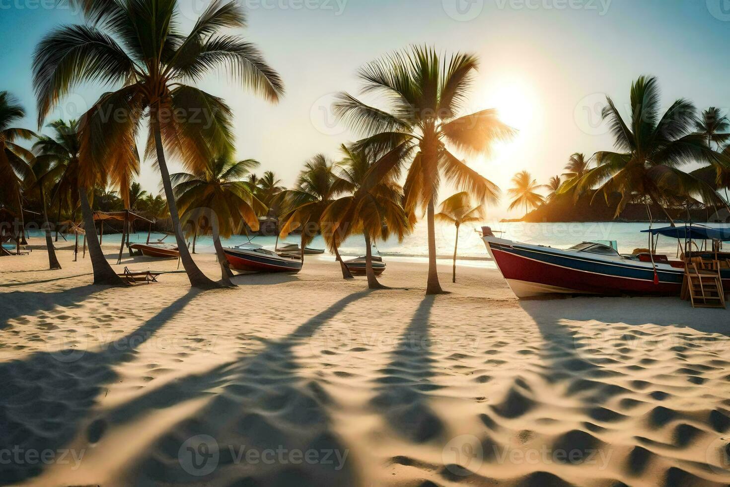 barcos en el playa a puesta de sol. generado por ai foto