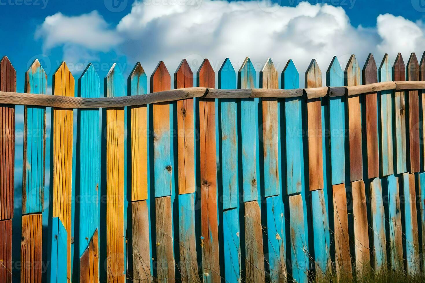 a wooden fence with blue and yellow paint. AI-Generated photo