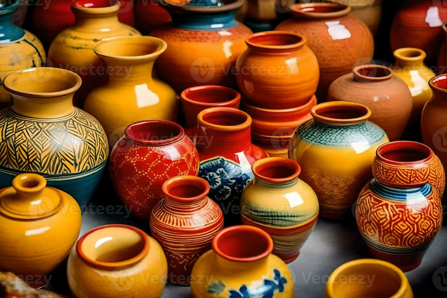 many colorful vases are displayed in a display. AI-Generated photo