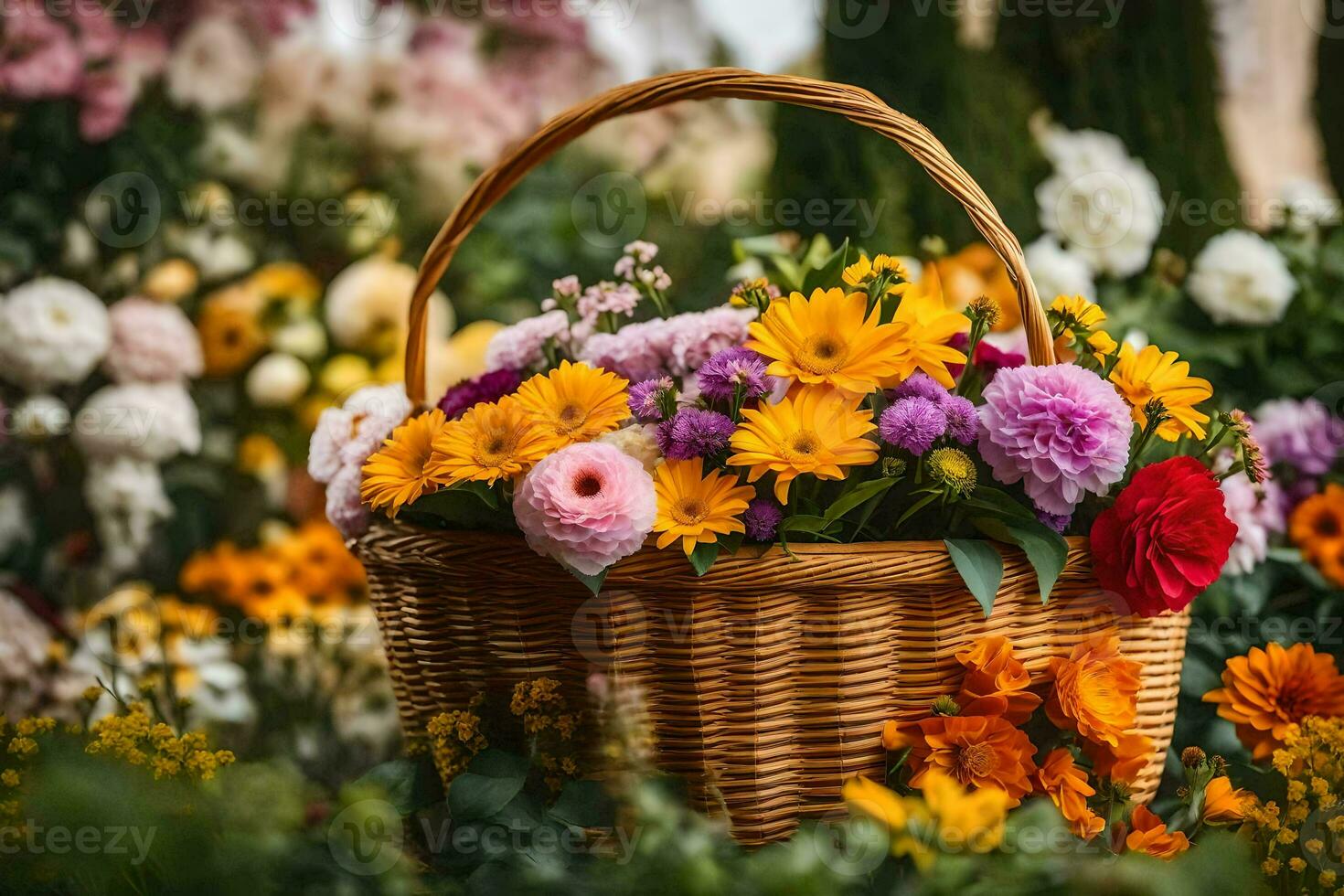 a basket full of colorful flowers in a garden. AI-Generated photo