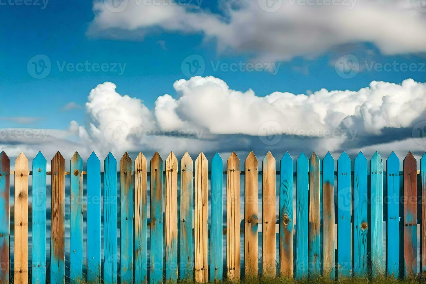 a wooden fence with blue and white clouds in the background. AI-Generated photo