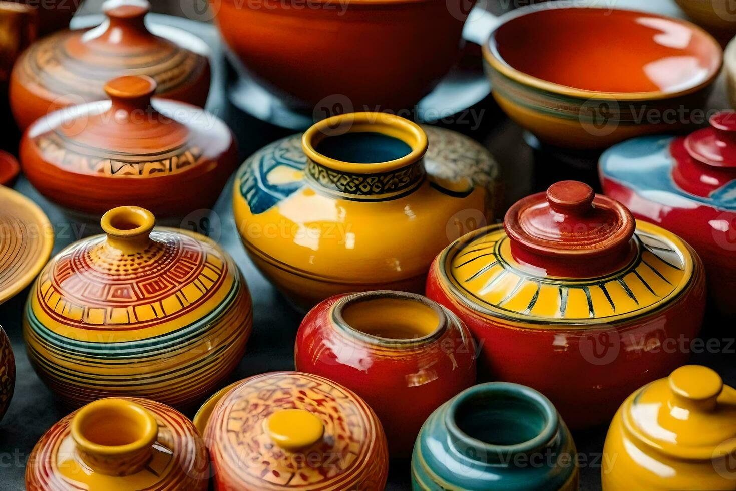 a collection of colorful ceramic vases. AI-Generated photo