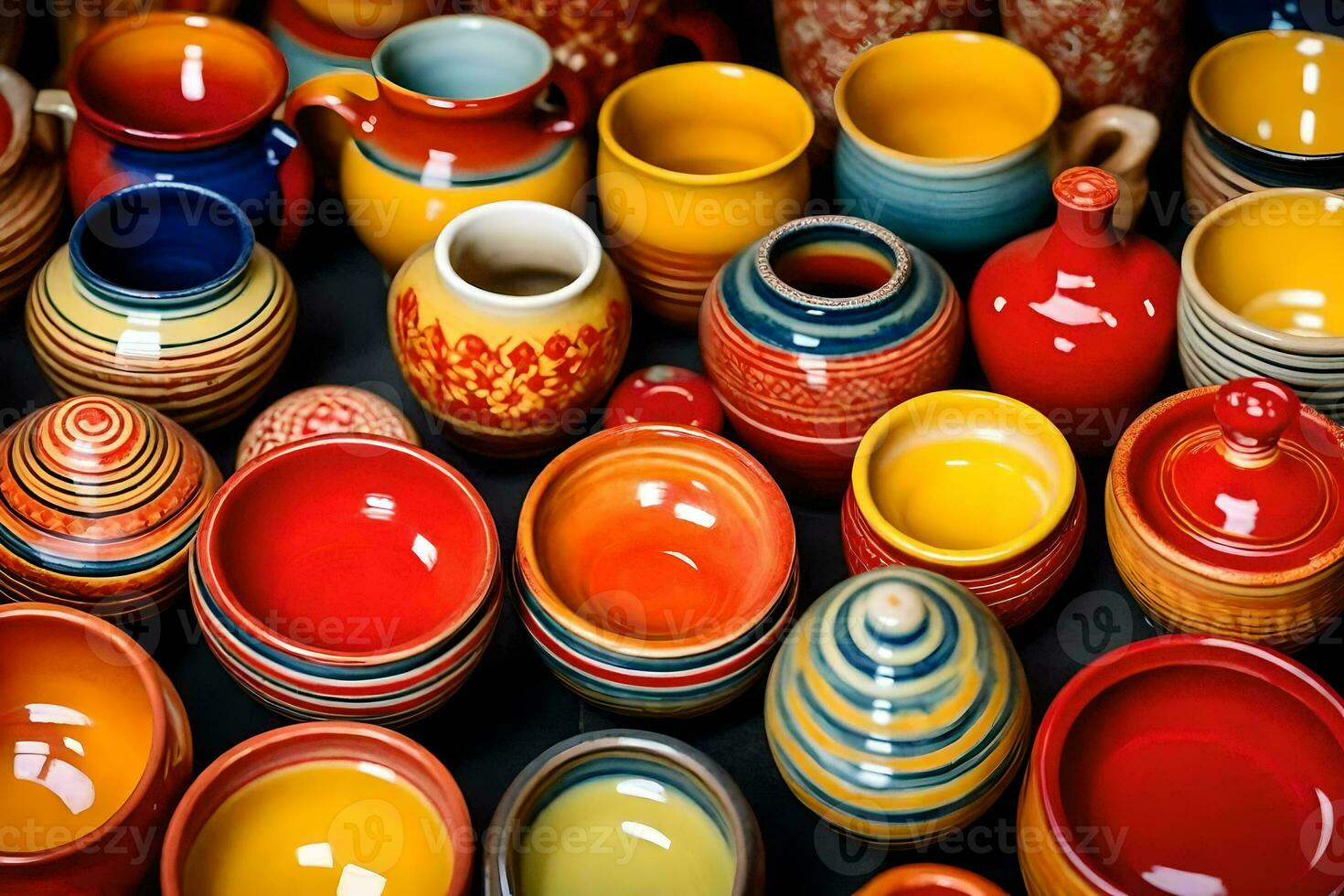 many colorful ceramic pots and bowls are arranged together. AI-Generated photo