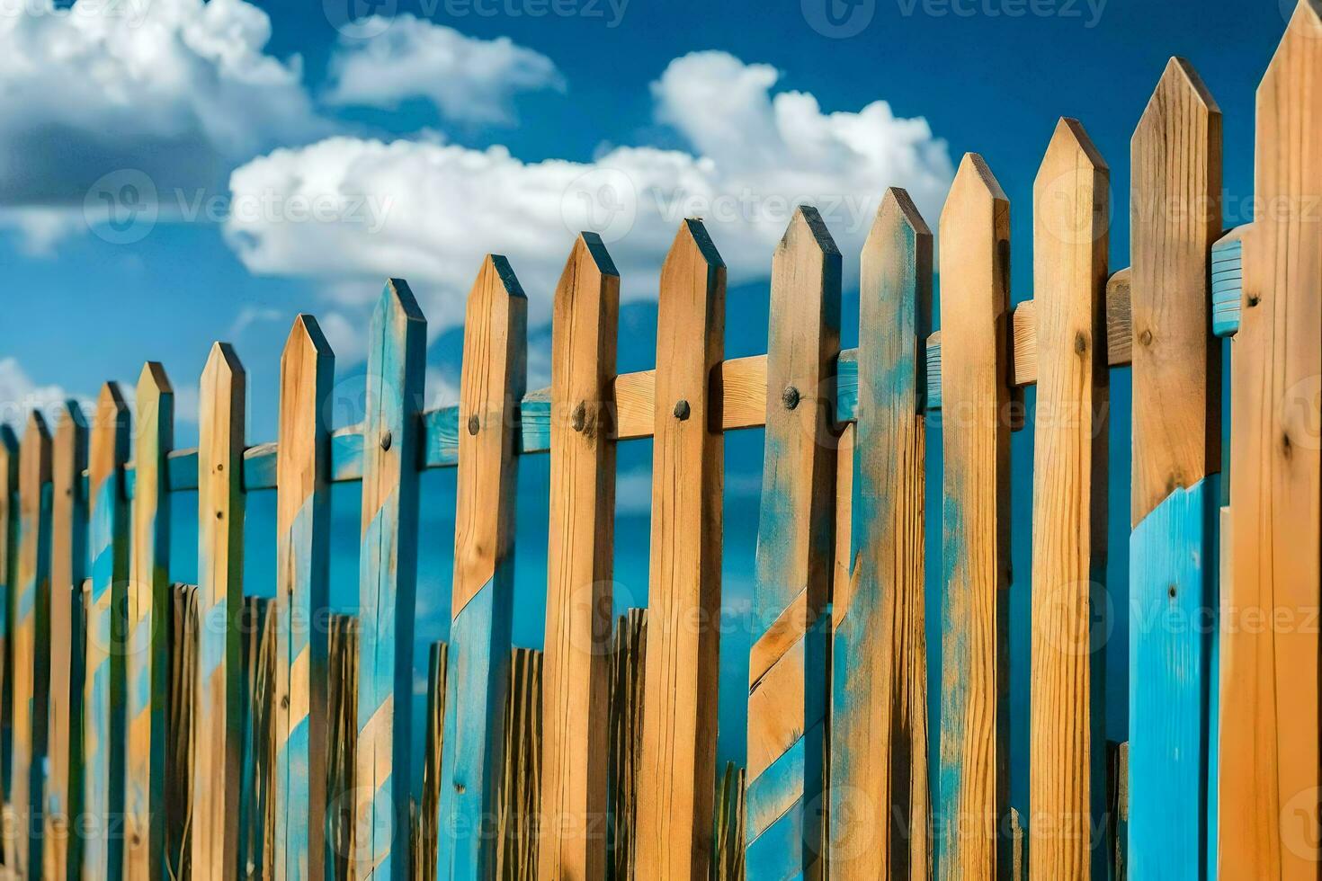 a wooden fence with blue paint on it. AI-Generated photo