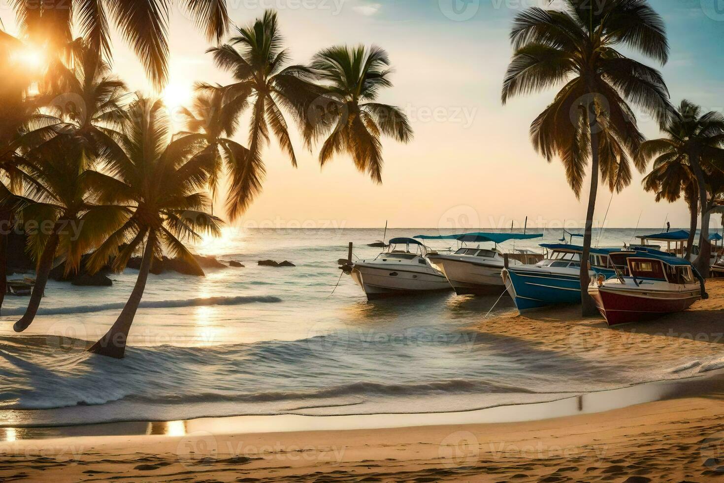 barcos en el playa a puesta de sol con palma arboles generado por ai foto