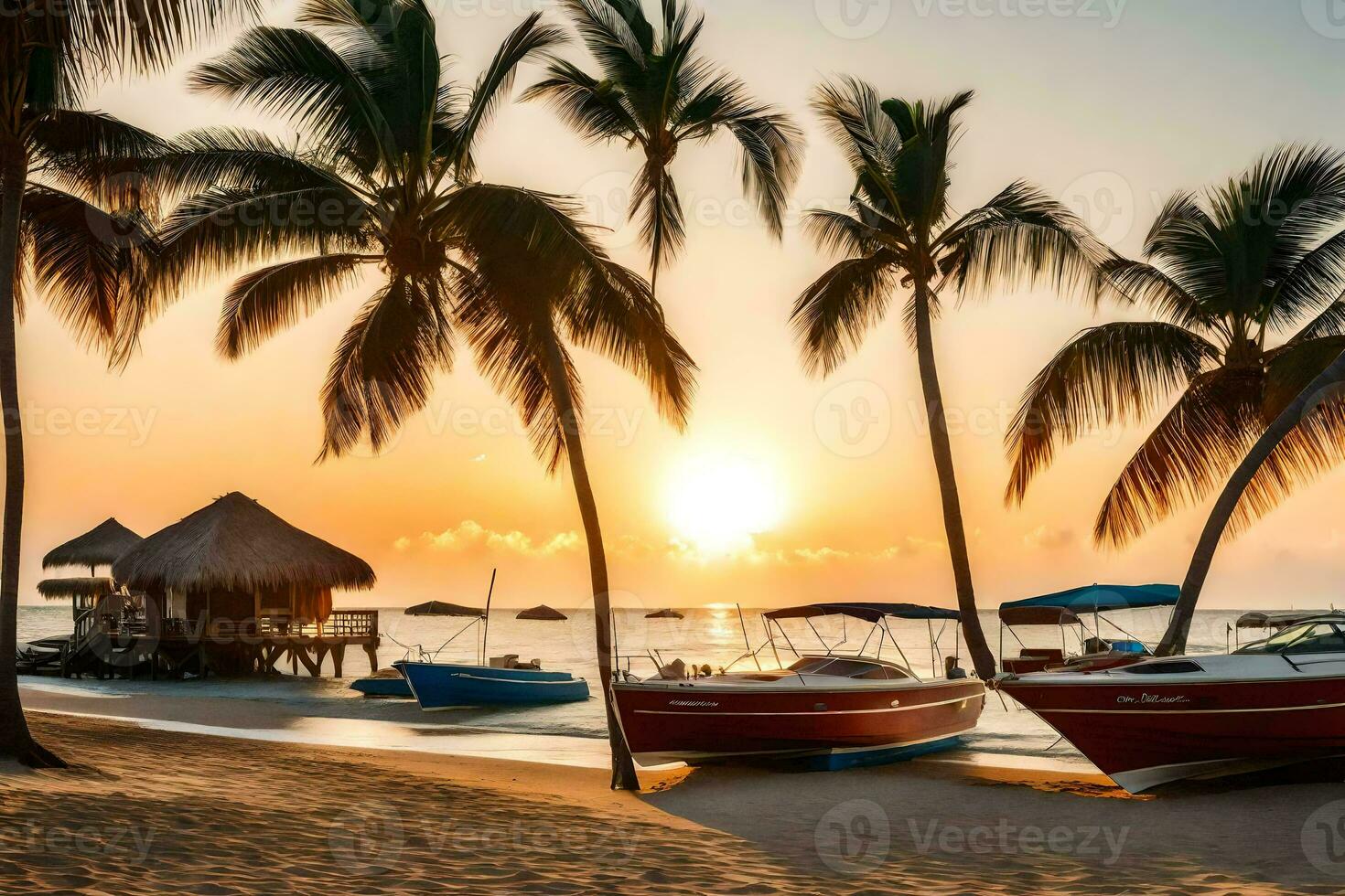 a boat sits on the beach at sunset with palm trees. AI-Generated photo
