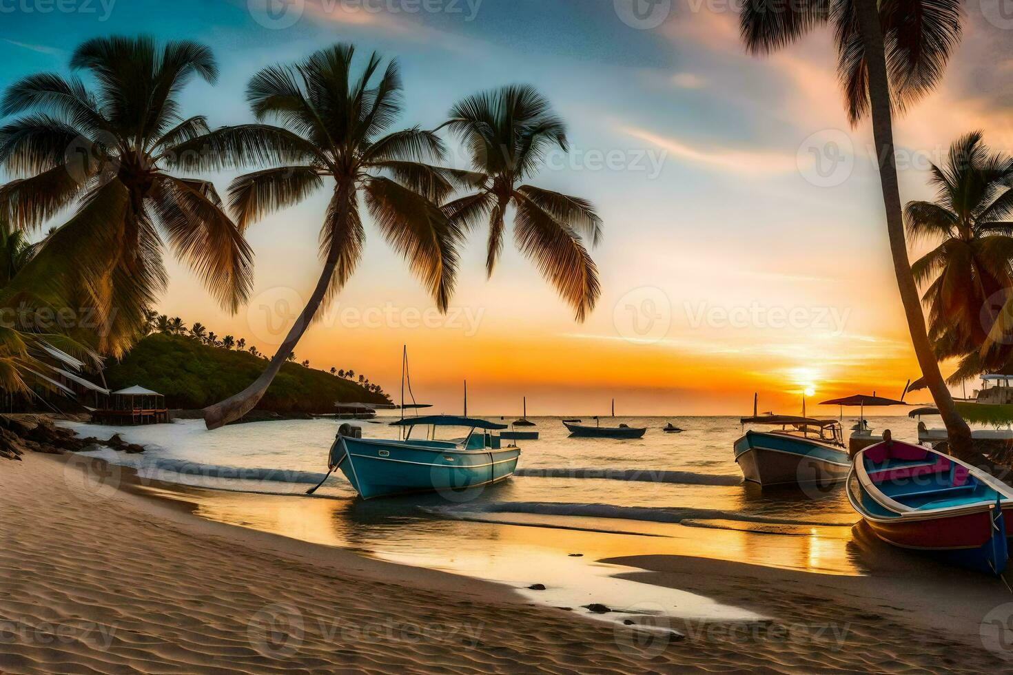 boats on the beach at sunset with palm trees. AI-Generated photo