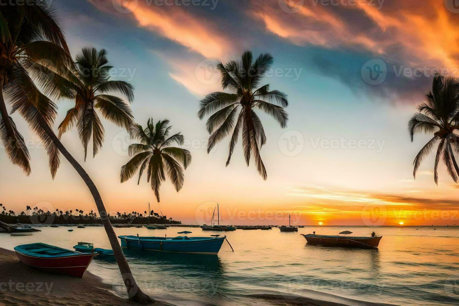 boats are docked on the beach at sunset. AI-Generated photo