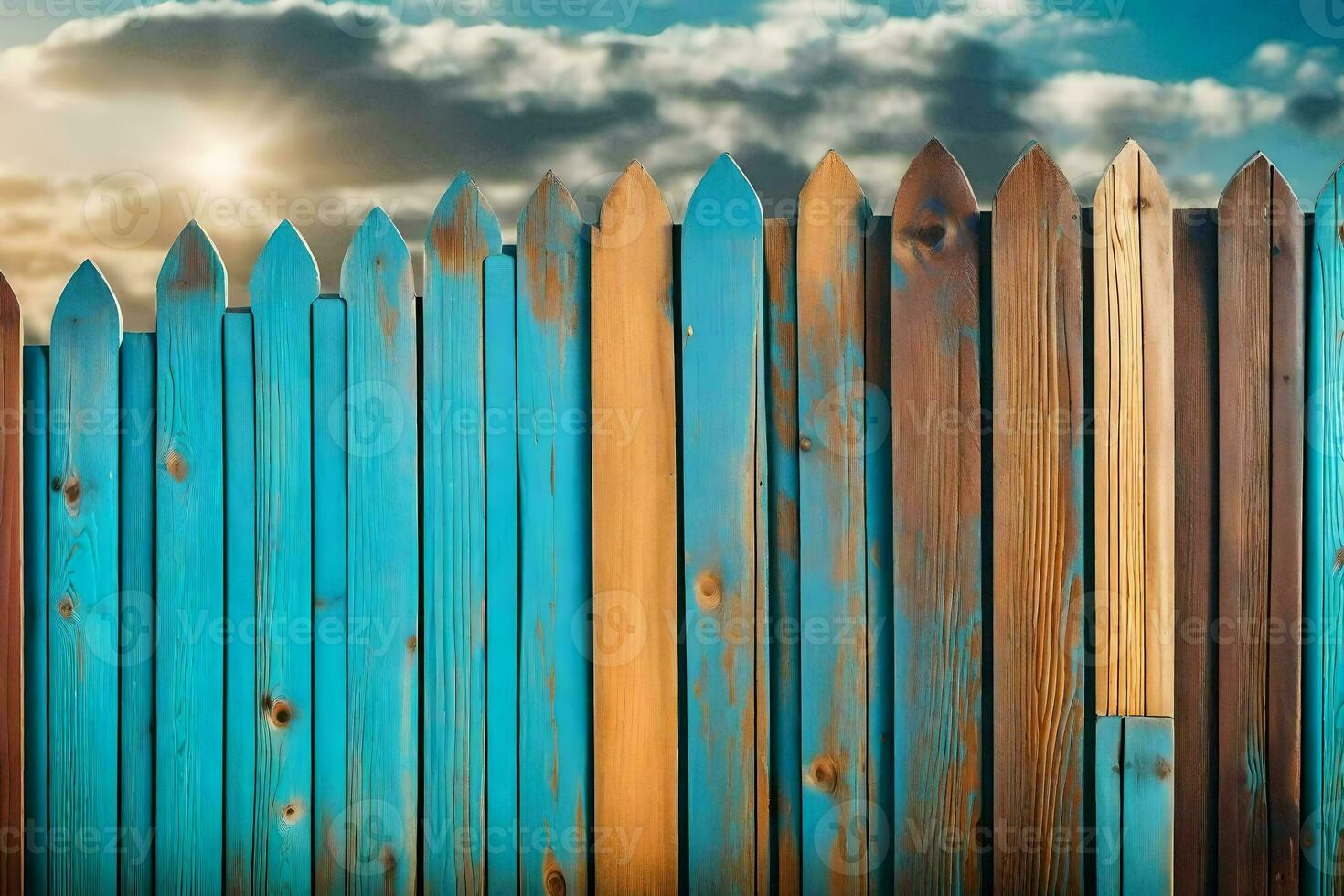 a wooden fence with blue and brown paint. AI-Generated photo
