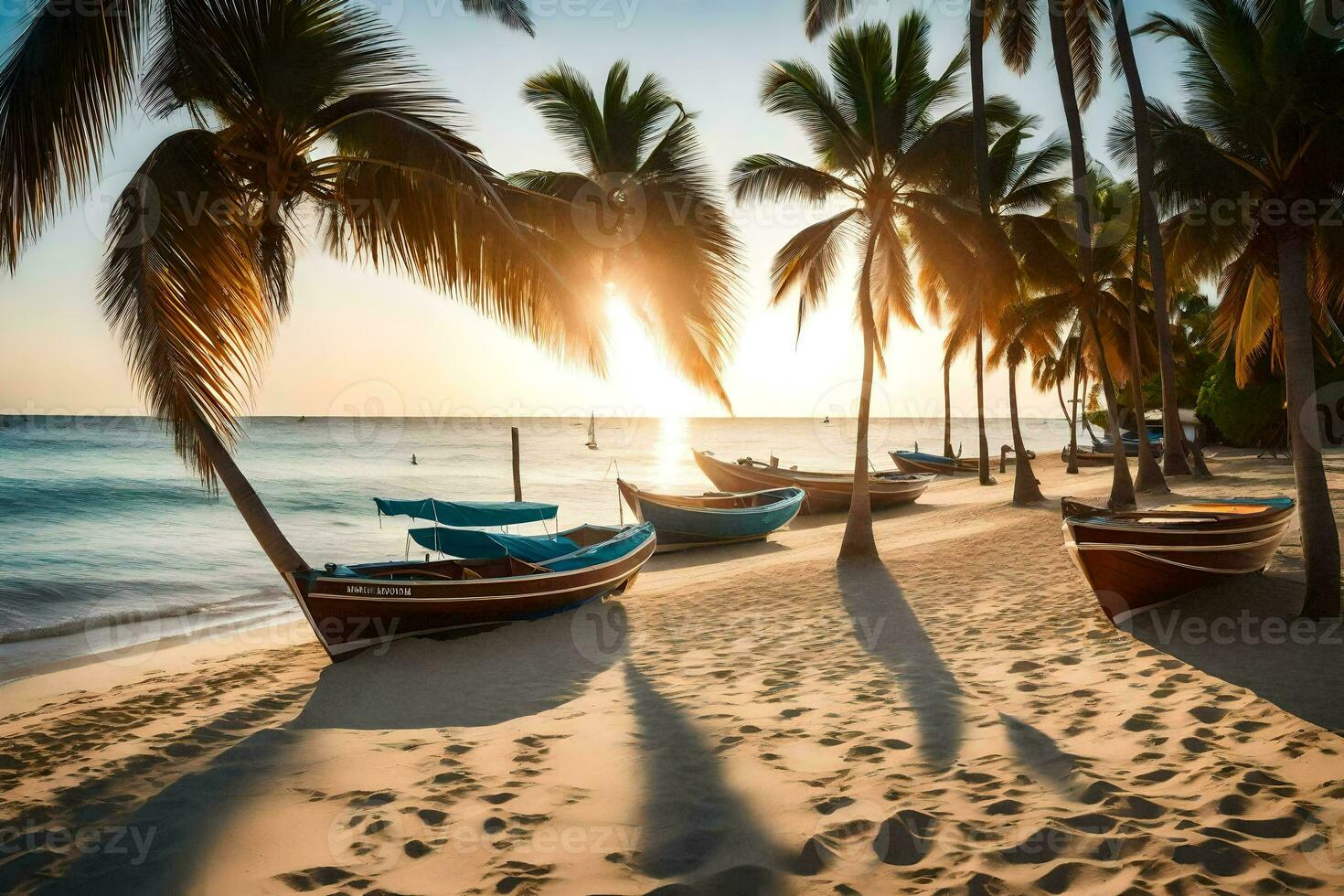 barcos en el playa a puesta de sol con palma arboles generado por ai foto