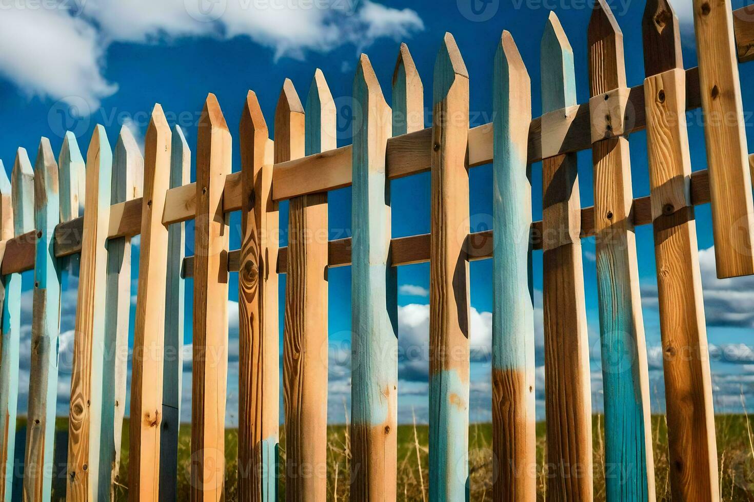 a wooden fence with blue sky and white clouds. AI-Generated photo