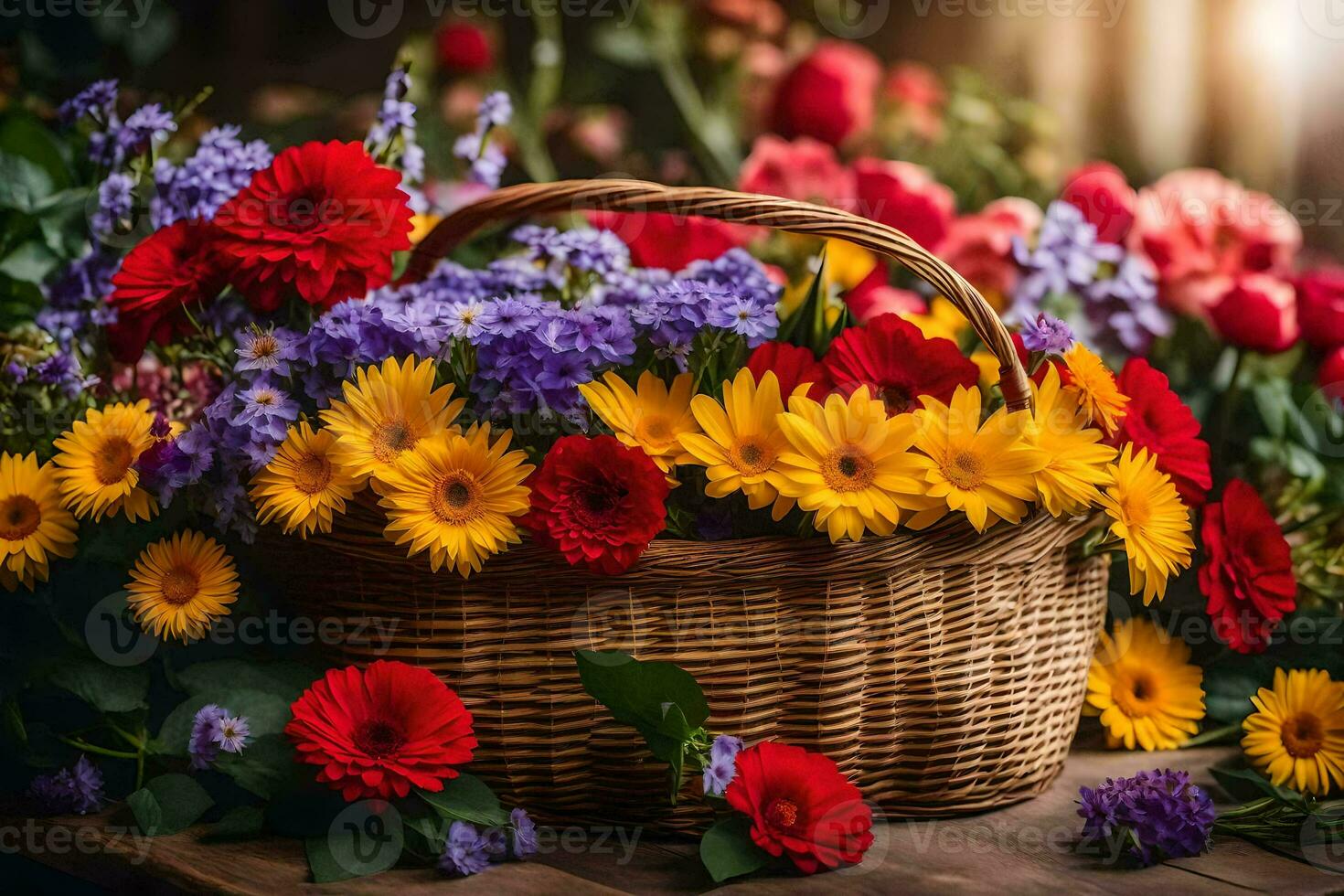 un cesta lleno de vistoso flores en un de madera mesa. generado por ai foto