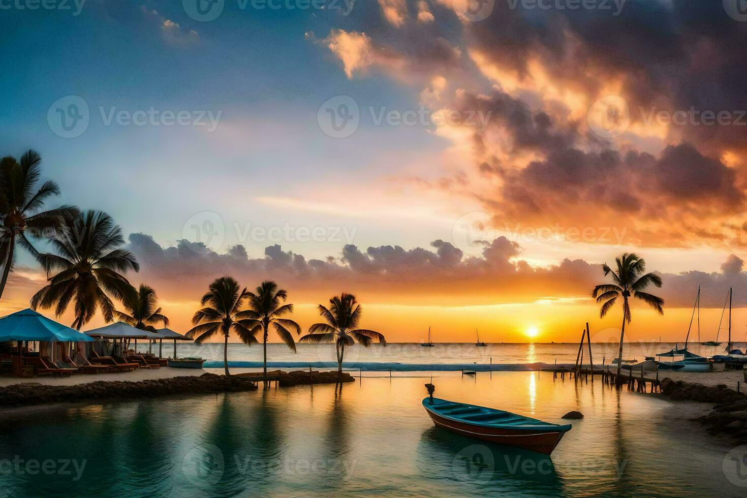 a sunset over the ocean with palm trees and boats. AI-Generated photo