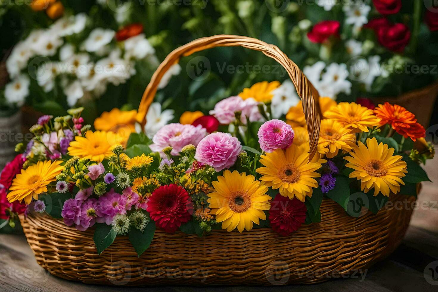 a basket filled with colorful flowers on a wooden table. AI-Generated photo