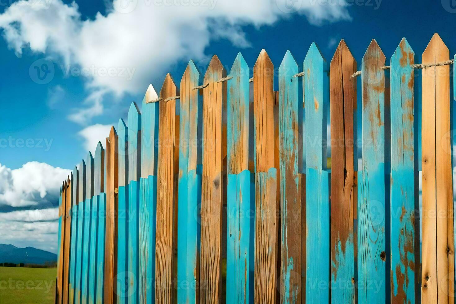 a wooden fence with blue paint on it. AI-Generated photo