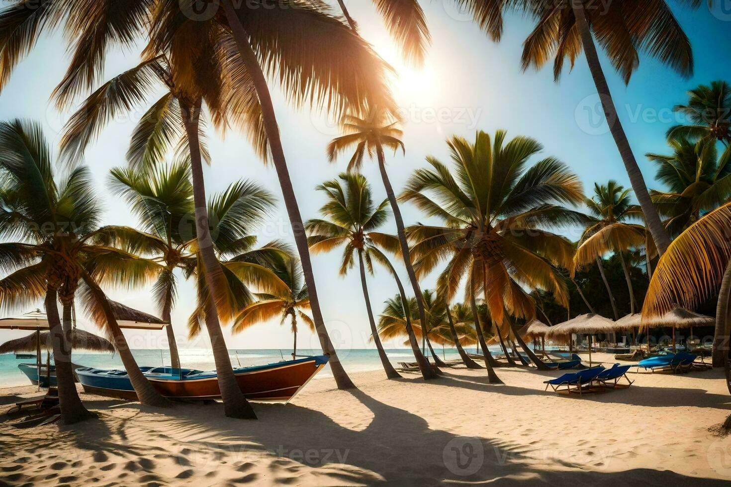 a beach with palm trees and boats on the sand. AI-Generated photo