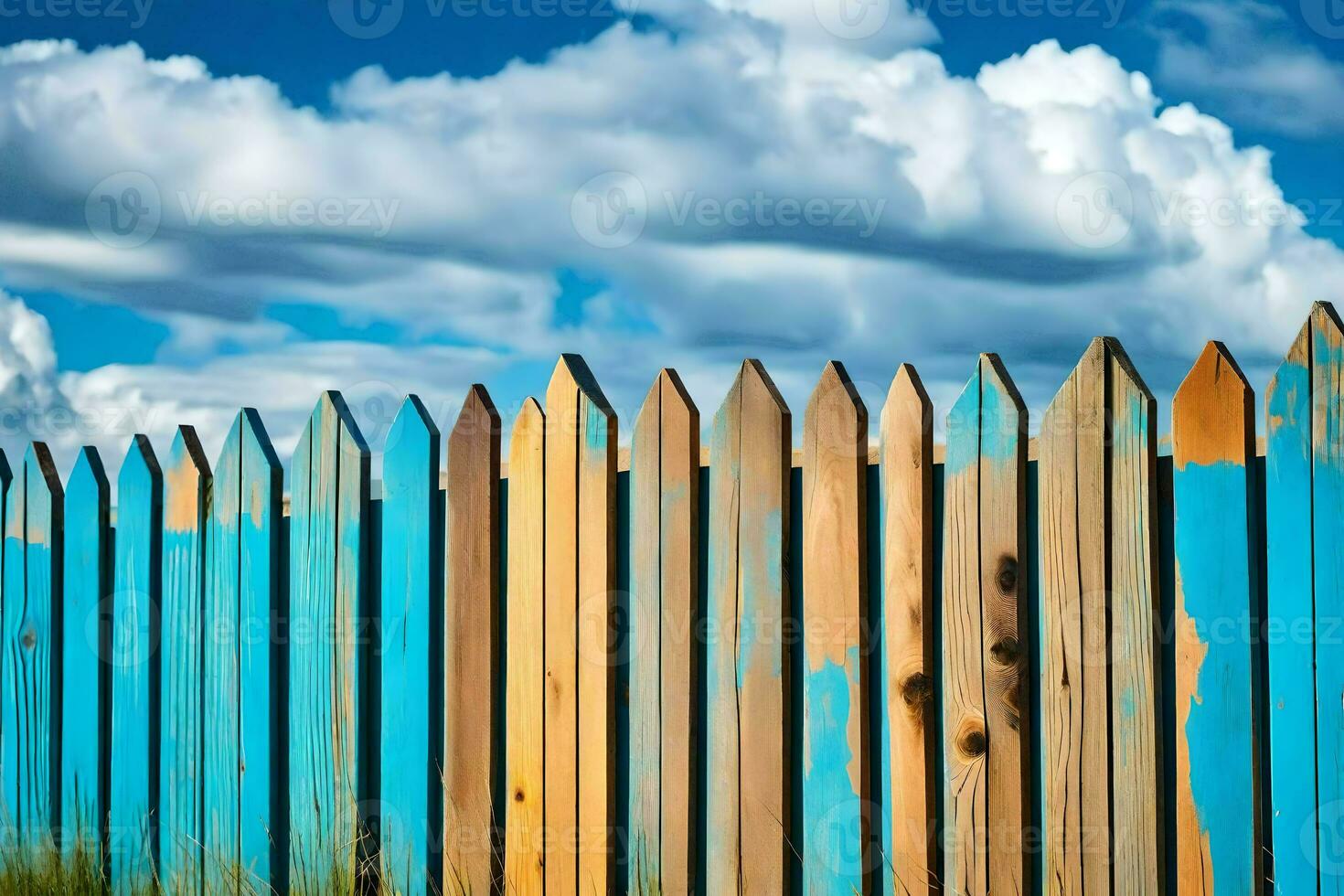 a wooden fence with blue paint on it. AI-Generated photo