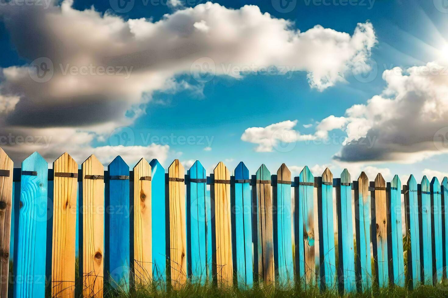 a wooden fence with blue and yellow paint. AI-Generated photo