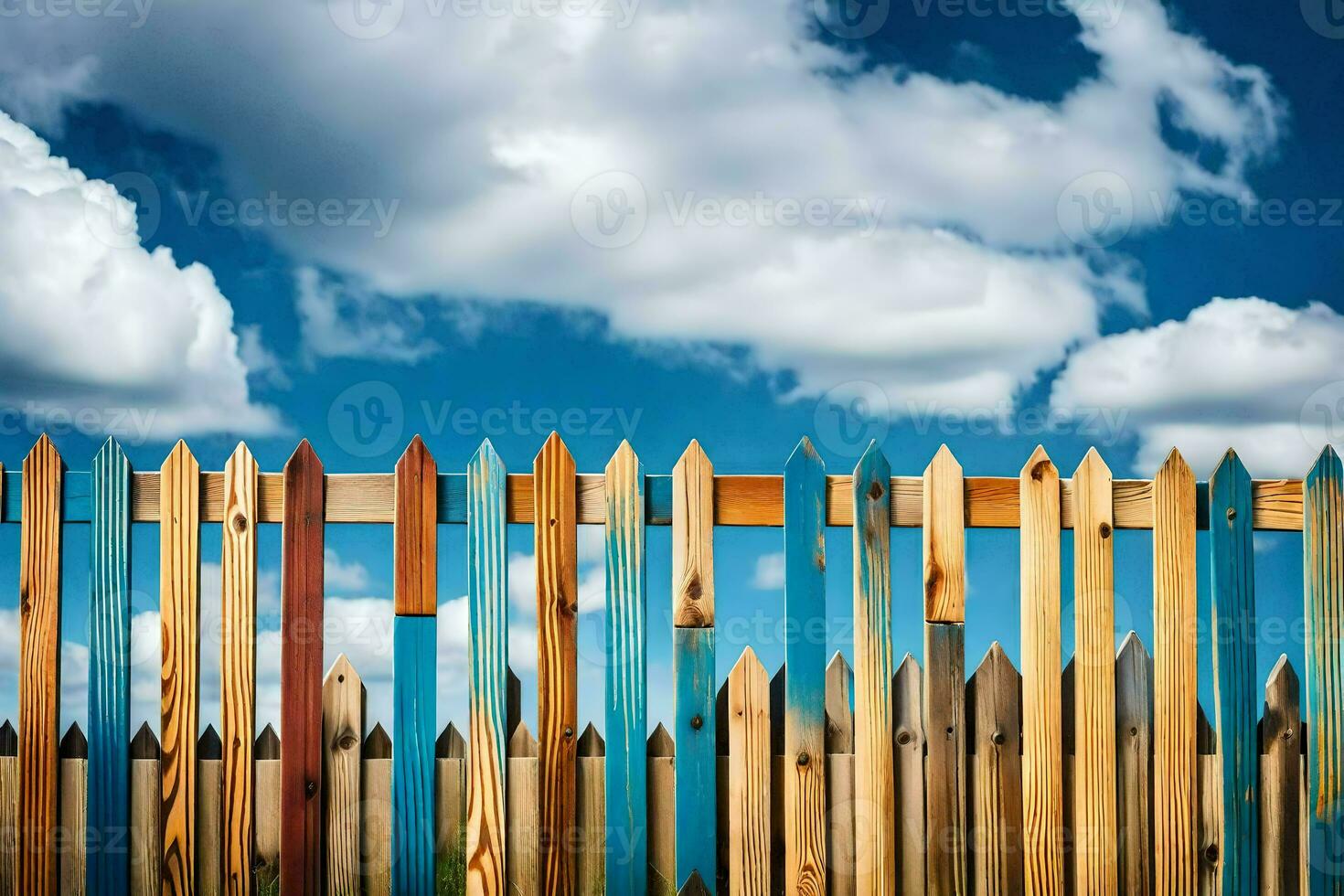 a wooden fence with blue sky and clouds in the background. AI-Generated photo