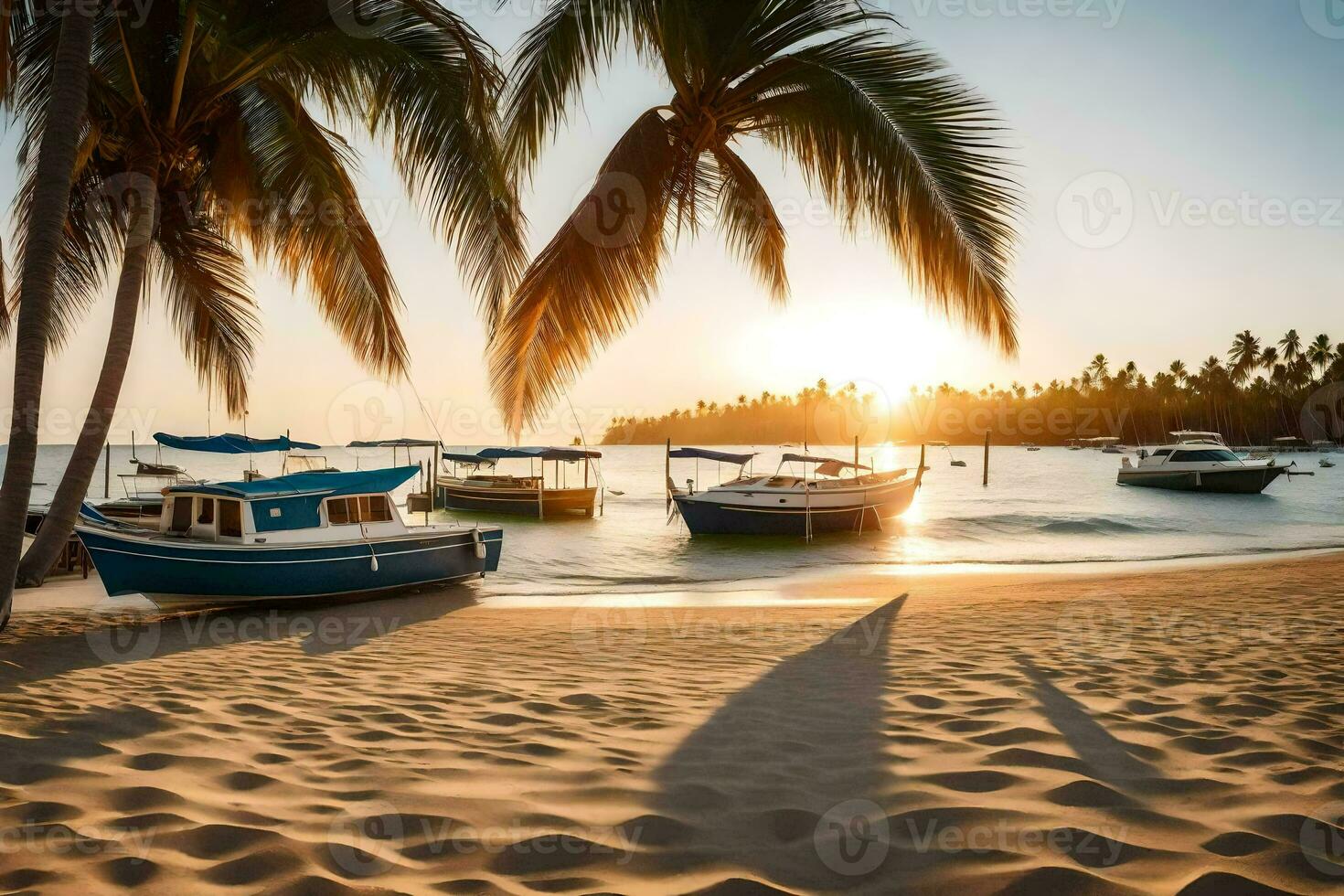 barcos en el playa a puesta de sol con palma arboles generado por ai foto