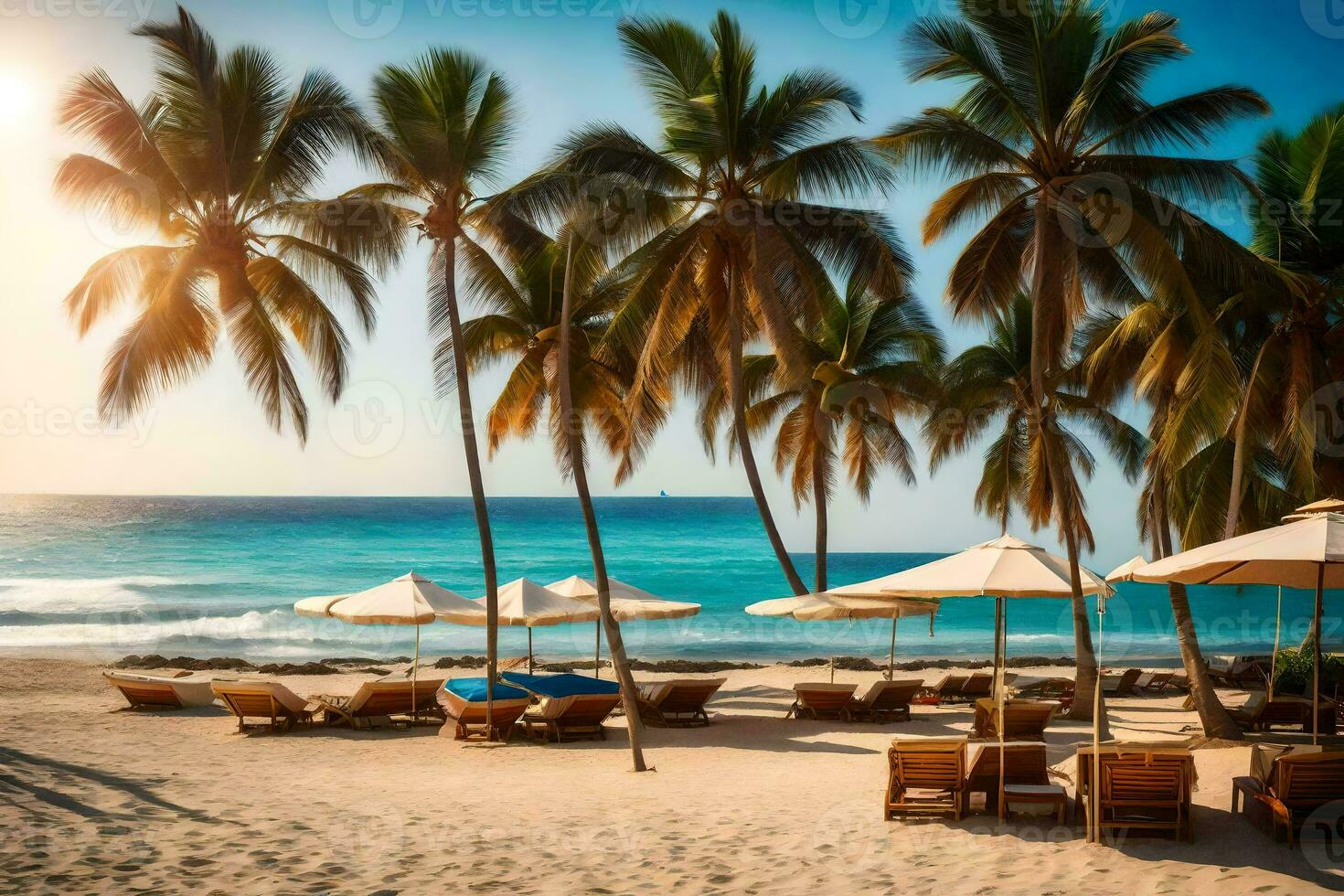 a beach with lounge chairs and umbrellas on the sand. AI-Generated photo