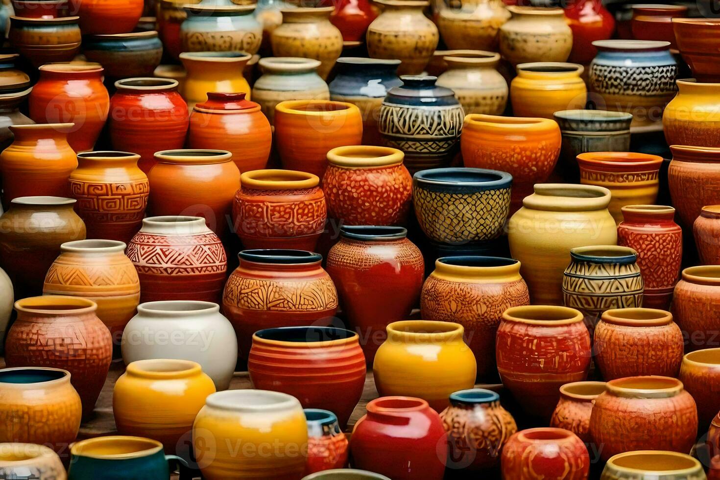 many colorful pots and vases are displayed on a shelf. AI-Generated photo