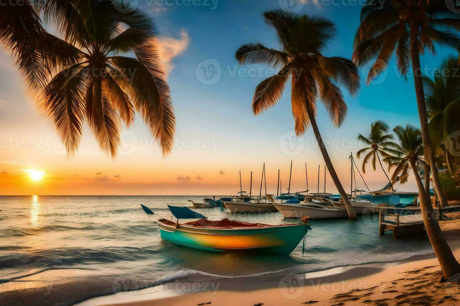 a boat sits on the beach at sunset with palm trees. AI-Generated photo