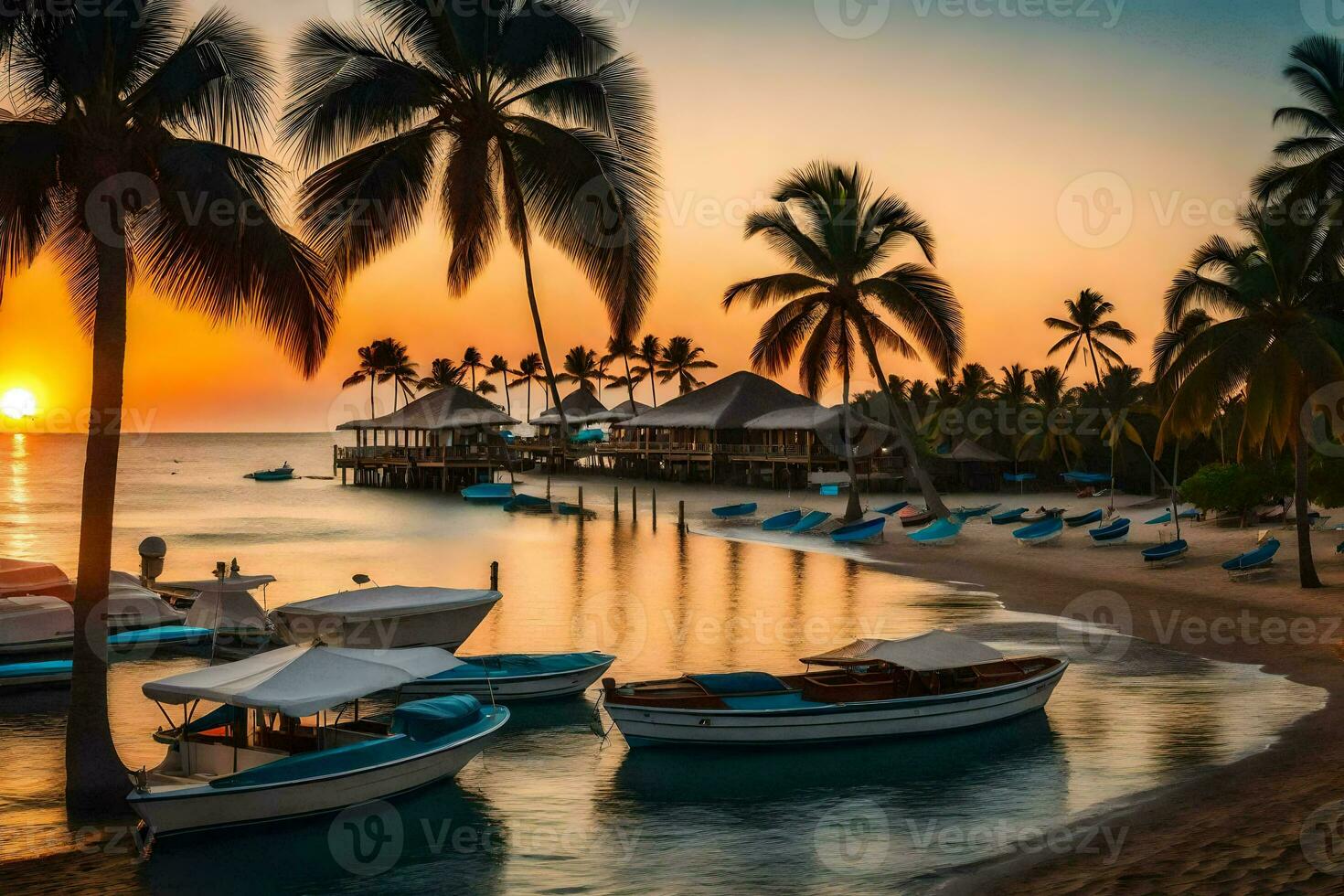 boats are docked at the beach during sunset. AI-Generated photo