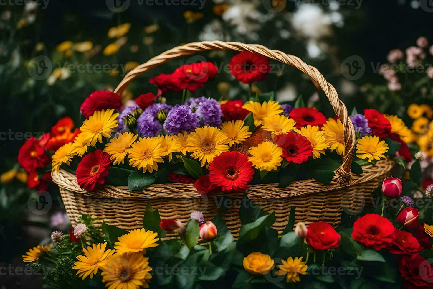 un cesta lleno de vistoso flores sentado en un de madera mesa. generado por ai foto