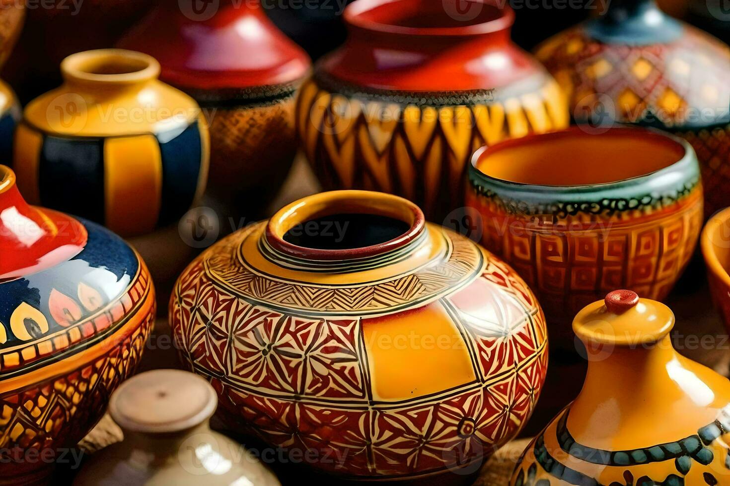 many colorful vases are displayed on a table. AI-Generated photo