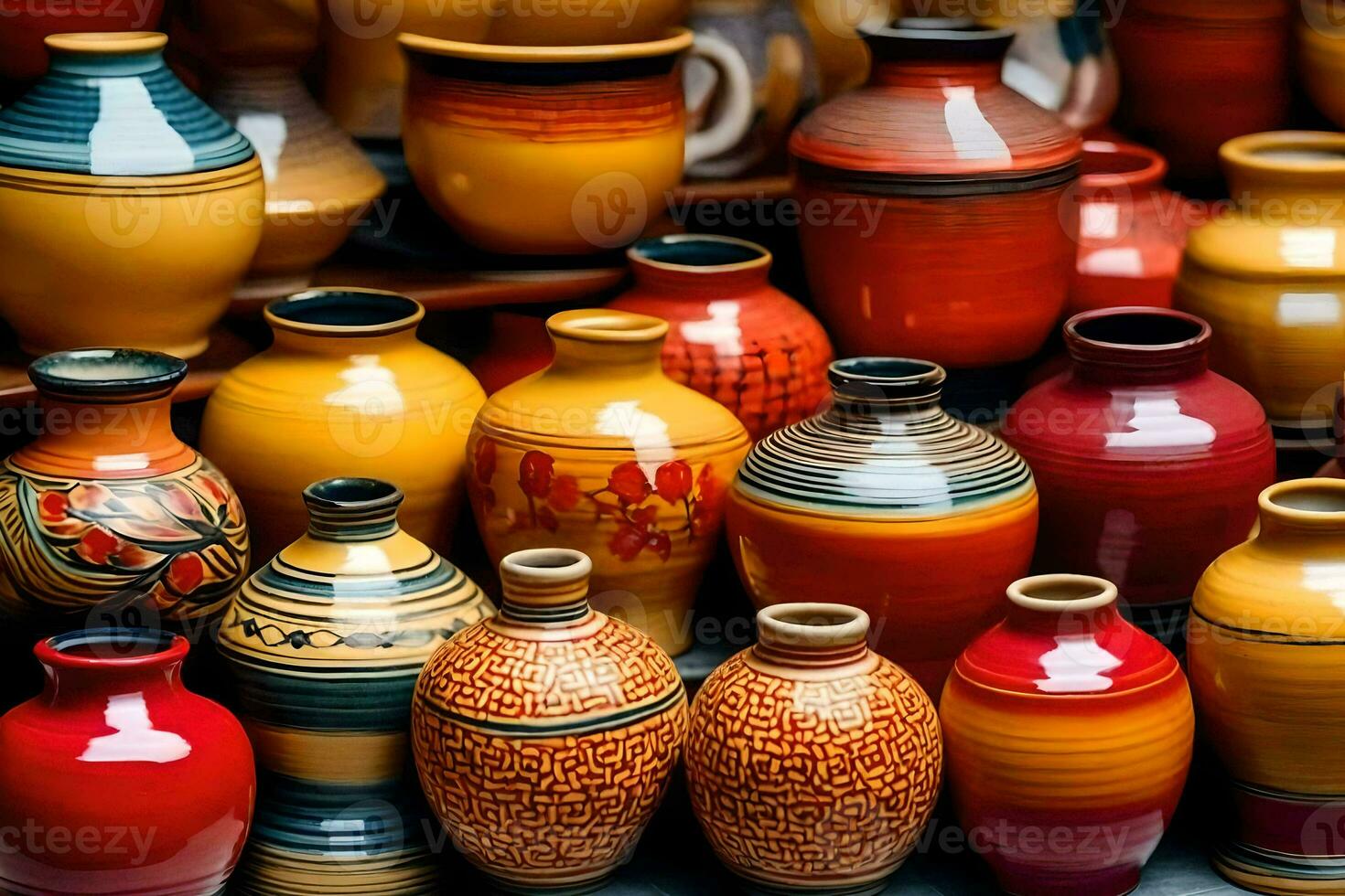 many colorful vases are displayed on a table. AI-Generated photo