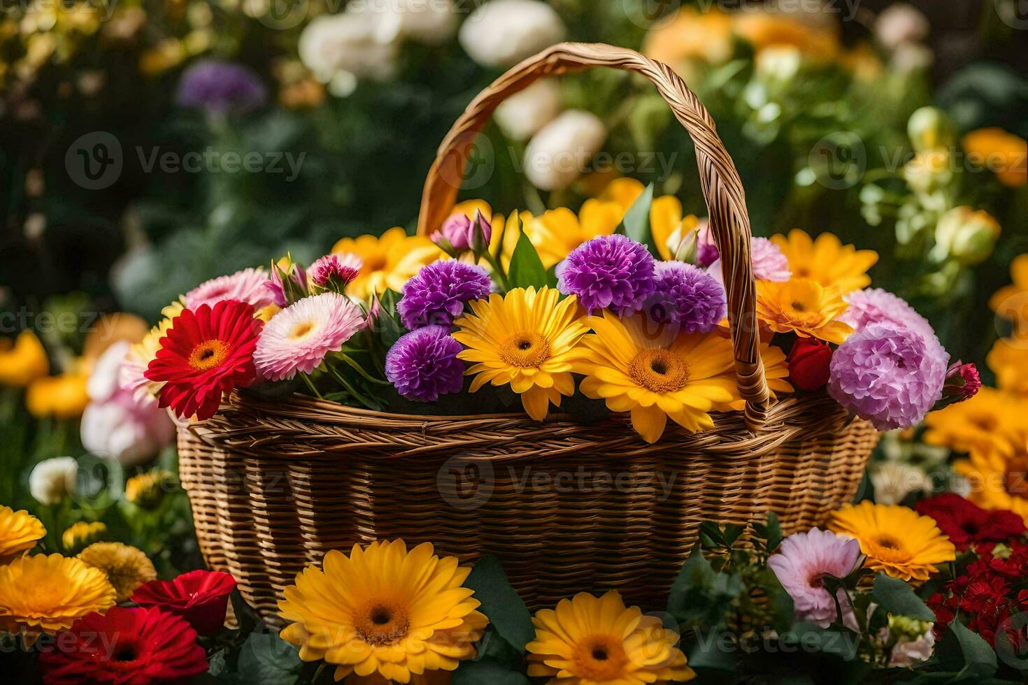 a basket full of colorful flowers on a grassy field. AI-Generated photo
